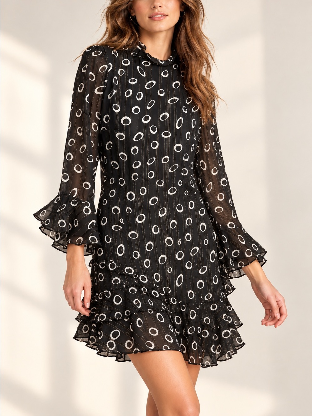 NWT Saloni mini dress long sleeve chiffon sheer cocktail dress black no belt